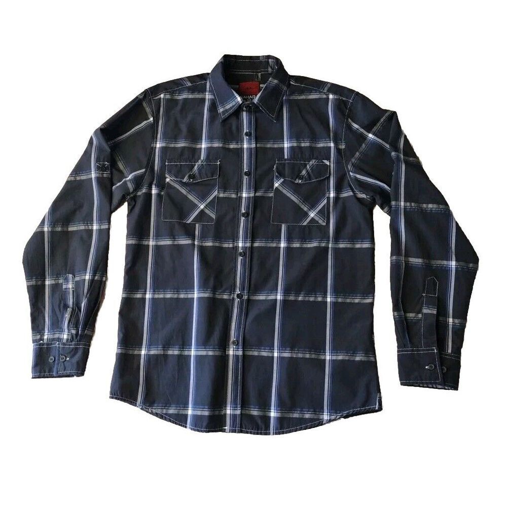 Sahara Club‎ Button Up Shirt Men Medium Blue Gray Plaid Long Sleeve Pockets